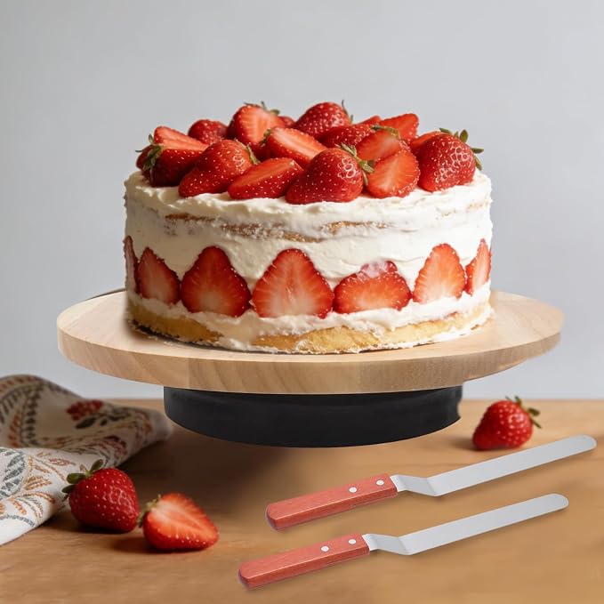 12 Inch Acacia Wood Revolving Cake Stand with 5 Baking Tools, 360° Rotating Turntable for Cake Decorating, Includes 2 Spatulas + 3 Smoothers for Cakes Cupcakes Decorations, Birthday & Wedding