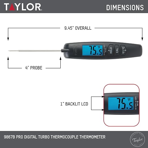 Taylor Digital Turbo Instant Read Thermocouple Meat Food Grill BBQ Cooking Kitchen Thermometer, Folding Probe, Black (Pack of 12)