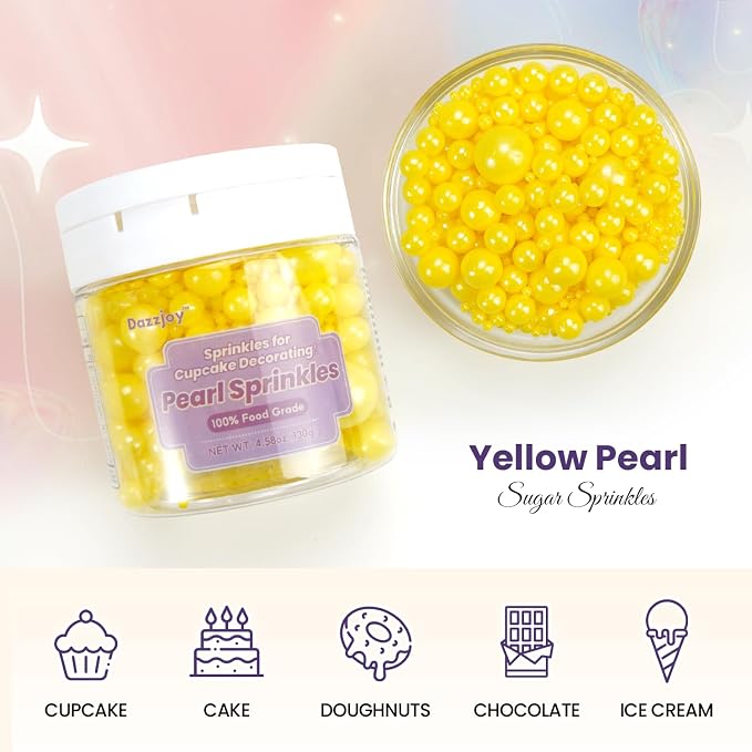 Dazzjoy Edible Pearls, Yellow Pearl Sugar Sprinkles, 130g/4.58oz, Yellow Ball Pearls for Cake Decorating, Cupcake Toppers, Baking Cake Decoration, Easter Party Holiday Supplies