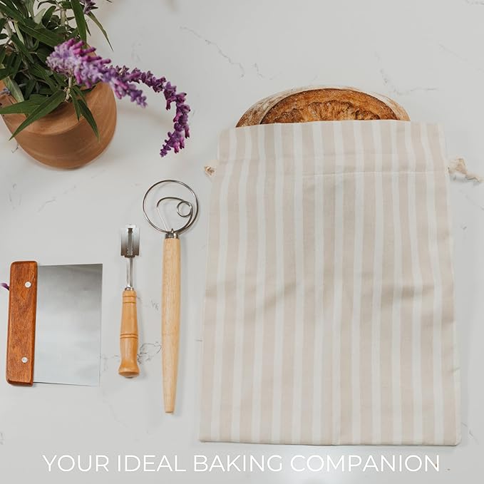 KIBAGA Beautiful Linen Bread Bag Set and Proofing Cover For Homemade Sourdough Bread - Keeps Your Loaf Fresh for Days - Reusable and Easy to Clean Storage Bag, The Perfect Baking Accessories