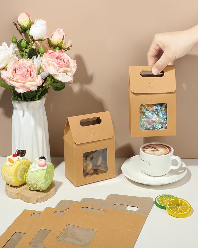 24 Pieces MINI Kraft Paper Gift Bags with Clear Window Small Goodies Gift Boxes with Handle 5.9 x 3.9 x 2.3inch Gable Candy Treat Box for Purim, Bakery Cookies, Wedding Favors, Small Business (brown)