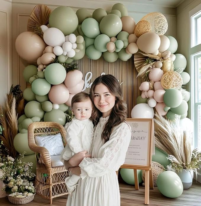 Sage Green White Balloon Garland Double Stuffed Dusty Green Cream Sand White Beige Latex Neutral Balloons Arch Kit for Boho Baptism Baby Shower Birthday Wedding Decoration
