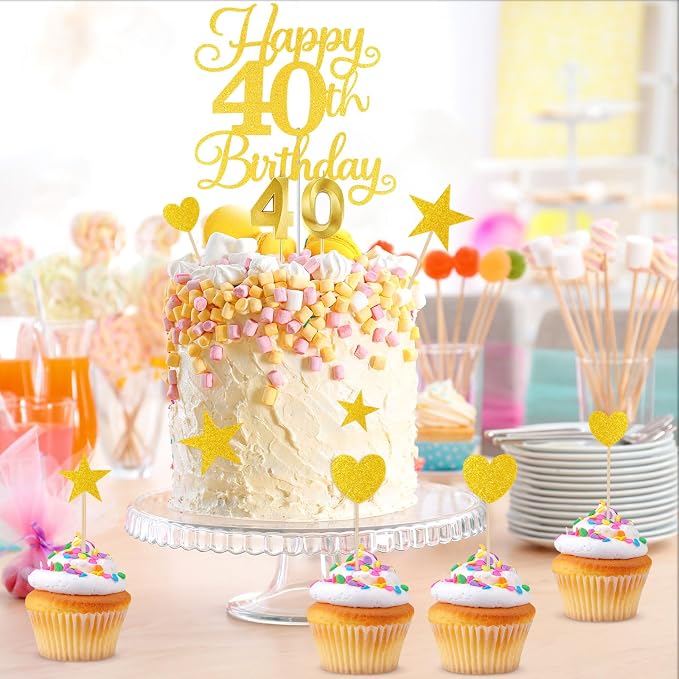 Happy 40th Birthday Cake Topper for 40th Birthday Decorations Numeral 40 Candle with Glitter Heart Cupcake Picks Set for Men Women Hello 40 Birthday Anniversary Party Cake Decor Supplies（GOLD）