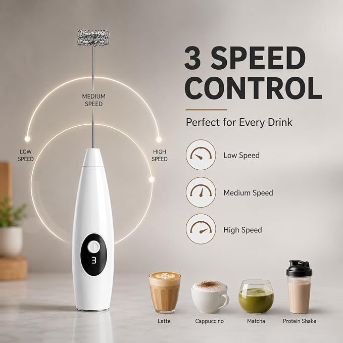 Rechargeable Milk Frother Handheld, 3-Speed Electric Frother Wand, Digital Display Drink Mixer Wand, Coffee Frother Handheld for Cappuccino Latte, Portable Hand Mixer for Coffee