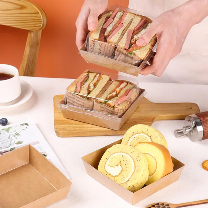 100 Pack Charcuterie Boxes with Clear Lids, 5 Inch Kraft To Go Paper Bakery Box with 500 Stickers, Jute Rope, Brown Disposable Dessert Container for Sandwich, Cookie, Cake Slice