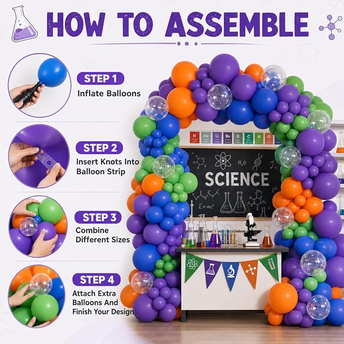 Science Balloon Arch Kit, 122Pcs Purple Dark Blue Green Orange Transparent Colorful Balloons for Boys Science Birthday Party Lab Scientist Lab Classroom Decorations