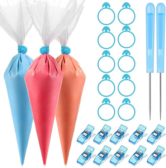 Patelai 122 Pcs Piping Bag Set with Disposable Tipless Piping Pastry Bags Ties Clips Awls Tool for Cakes Icing Scribe Cookie Decorating Supplies Christmas Halloween Decor(10 Inch,Blue)