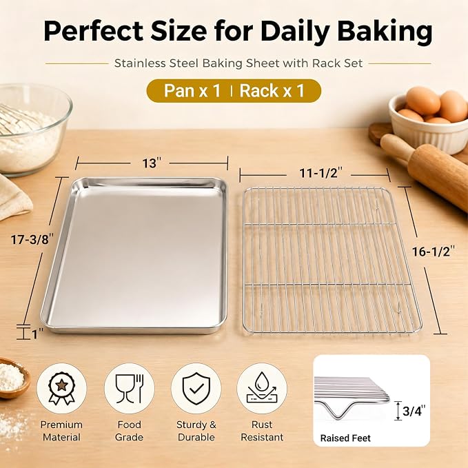 Onader Half Sheet Pan with Cooling Rack Set, 18x13 Inch Stainless Steel Large Baking Cookie Sheet, Metal Oven Baking Tray with Wire Rack, Nonstick, Includes 1 Pan + 1 Rack