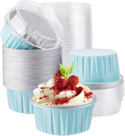 EUSOAR Aluminum Cups with Lids, 50pcs 5oz 125ml Foil Cupcake Baking Cups Oven Safe Ramekins, Muffin Liners Creme Brulee Containers Disposable Ramekins Pans Cupcake Holders