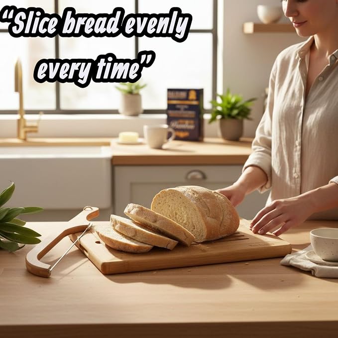 Bread Cutting Board, Bread slicer,Crumb Tray with holder,Bread Serving for Kitchen-Complete set for Slicing Homemade Bread- bow knife (16") Cutting Board (15x9,5") with Crumb
