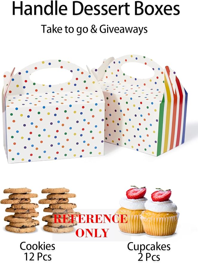 Happyhiram 25 Pcs Favor Boxes for Kids Birthday Box, Polka Dot and Striped Colorful Goodie Treat Boxes with Handles 6" Gable Candy Boxes Paper Gift Boxes for Kids Party Decorations and Supplies