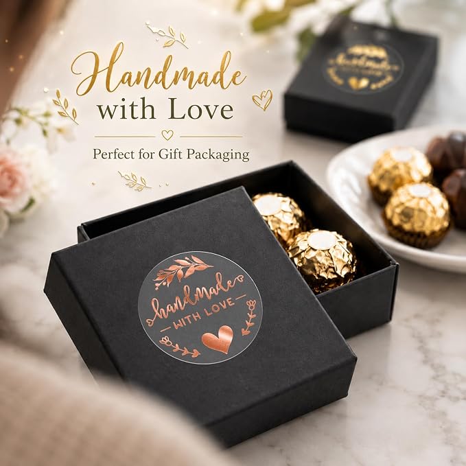 100PCS Handmade with Love Stickers, Transparent Rose Gold Foil Labels for Boutique Small Business Packaging, Elegant Gift Wrapping Seals for Candle Bakery Soap Handmade Orders,1.6"