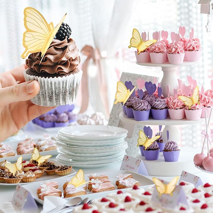 22-Pieces Butterfly Cake Decorations With Happy Birthday Acrylic Cake Toppers for Baby Shower Wedding Birthday Party Decor (Beige)