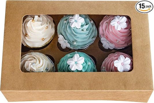 ONE MORE Cupcake Boxes with Inserts 6 Holders,9.5x6.3x3inch Large Brown Kraft Standard Bakery Boxes with Window Food Grade Cake Carrier Container for Muffins Gift Treat Box Bulk,Pack of 15