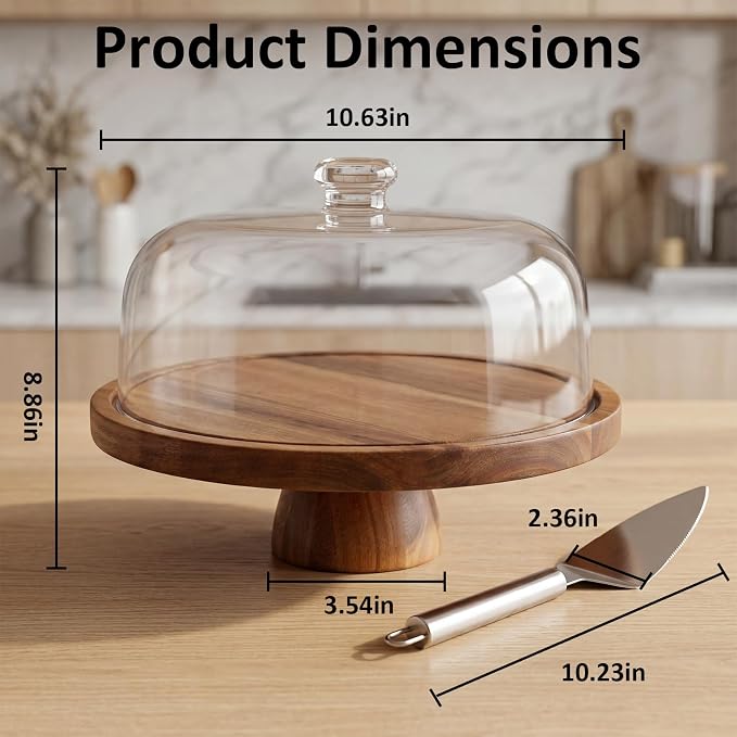 Acacia Wood Cake Stand with Dome Lid, Footed Wooden Cake Display Plate with Clear Acrylic Cover, Perfect for Birthday Parties, Weddings, Dessert Table & Home Kitchen Decor