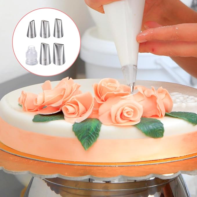 6 Pcs Large Piping Tips Frosting Piping Kit Stainless Steel Cake Decorating Tips Pastry Icing Tip Nozzles Pastry Bags Tip Baking Tools for Cupcakes Cookies Buttercream Supplies with Coupler