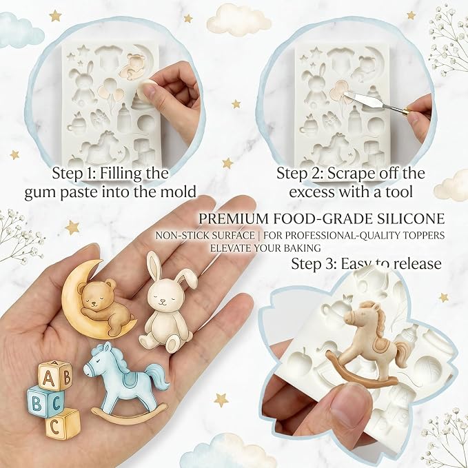 1Pc Rocking Horse Bunny Bear Silicone Mold 3D Balloons Stars ABC Blocks Cake Decorating Fondant Mold for Cake Toppers Candy Gum Paste Pastry Chocolate Sugarcraft Baking Supplies Birthday