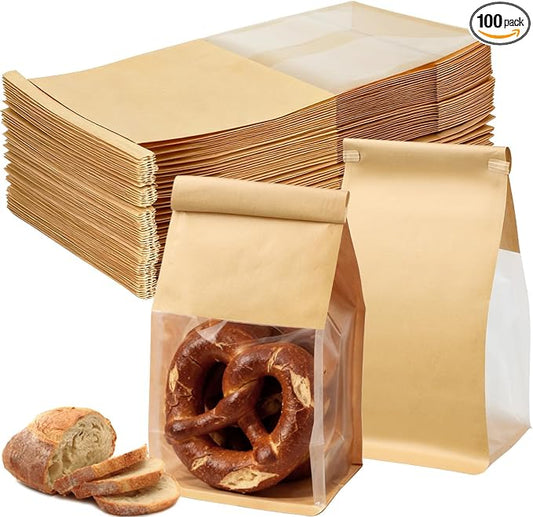 100PCS Bread Bags for Homemade Sourdough Bakery Cookie Kraft Paper Bag 5.1 x 4.13 x 11 Inch Tin Tie Tab Lock Loaf Treat Bag with Window for Bakery Cafe Homemade Breads Packaging
