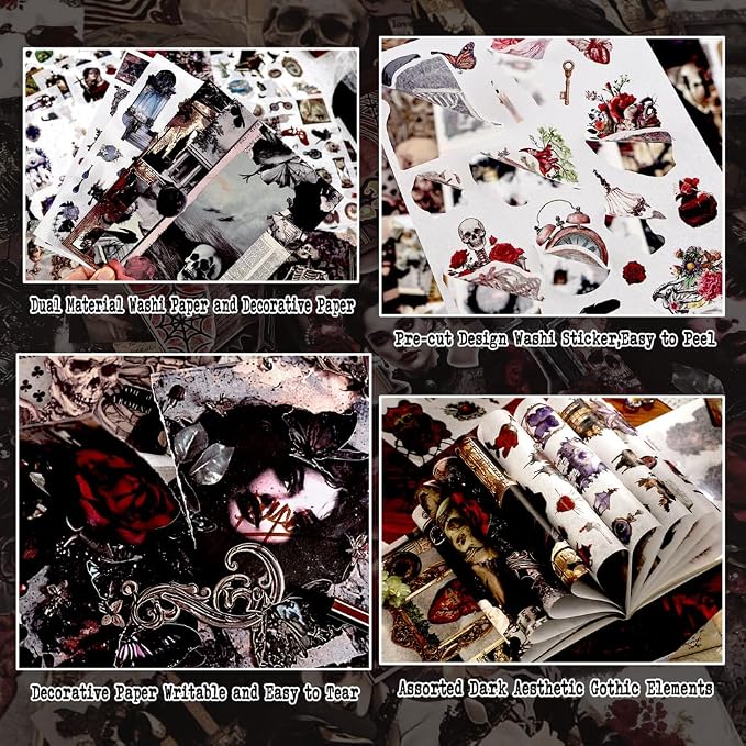 Halloween Stickers for Adults, 50 Sheets Precut Dark Aesthetic Gothic Scrapbook Washi Sticker Book for Junk Journal Supplies, Journaling, Scrap Book Suply