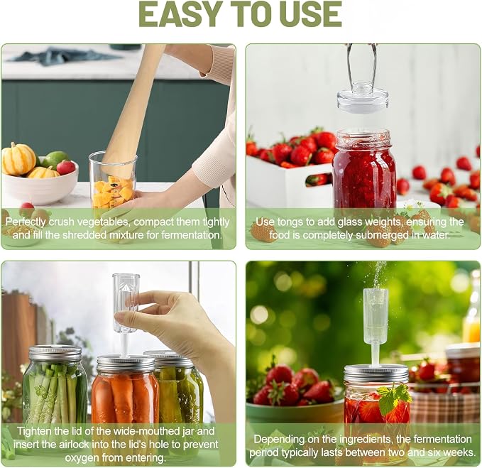Fermentation Kit for Wide Mouth Mason Jars-4 Stainless Steel Fermentation Lids,4 Glass Fermentation Weights,1 Silicone Tong,1 sauerkraut pound, 1Wooden Handle Brush Cleaner（ Jars Not Included ）