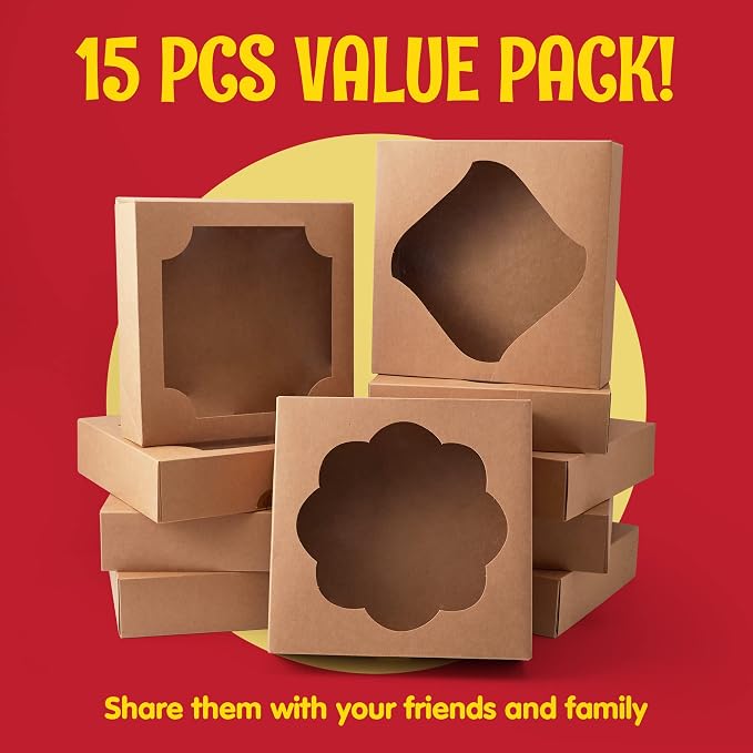 JOYIN 15 Pcs 10x10x2.5 inch Designer Kraft Bakery Boxes with Stickers, Perfect for Cakes, Pies, Cookies, Muffins, Thanksgiving & Christmas