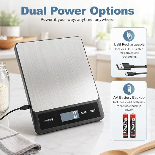 33LB/15KG Digital Kitchen Scale, USB Rechargeable Stainless Steel | 1g precision food scale with tare, 6 units and easy-clean platform for cooking, baking, meal prep and portion control