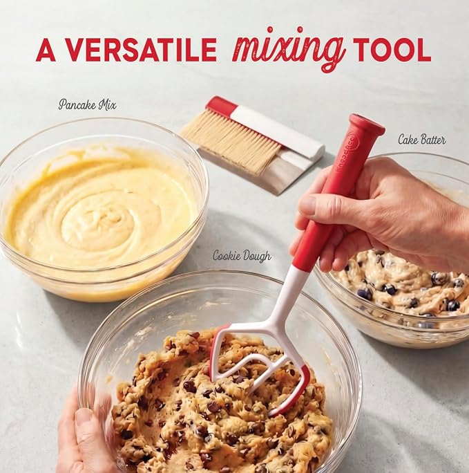 KneadAce Dough Wand, Danish Dough Whisk for Sourdough Baking, Dough Mixer with Silicone Scraping Edges, Self Standing Bowl Mixing Tool (White/Red)