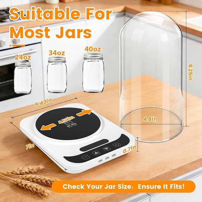 Sourdough Starter Warmer with Glass Dome, Sour Dough Warmer & Glass Cover - 70-100°F Precise 1°F Thermostat Control & 12H Timer Auto Warming ON/Off, Sourdough Heating Mat for 24oz 34oz 40oz Jars