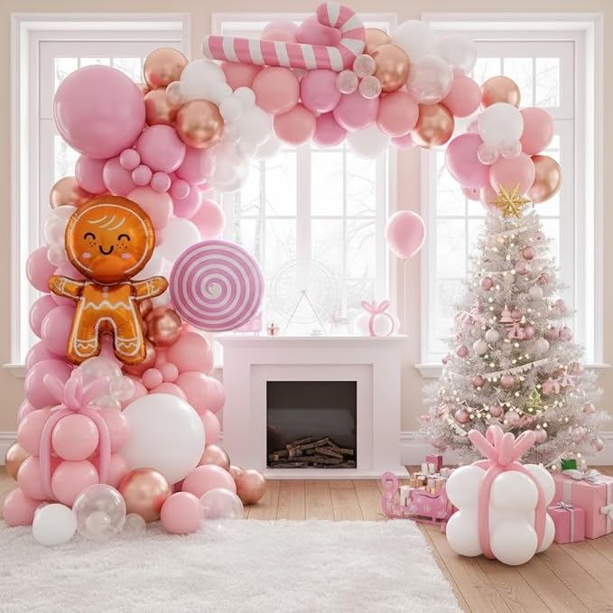 Pink Christmas Balloon Arch Kit, Pearl White Pink Rose Gold Balloons with Lollipop Candy Crutch Gingerbread Man Foil Balloons for Xmas Holiday Winter Birthday New Year Party Decorations