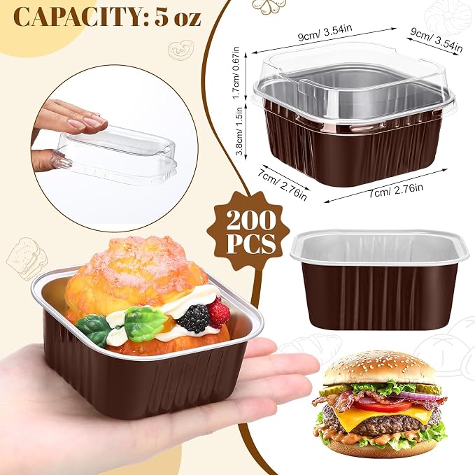 200 Pack 5 oz Mini Cake Pans with Lid, Aluminum Foil Mini Baking Tins, Square Disposable Cupcake Baking Cup Dessert Container for Wedding Birthday Party Picnic(Brown,Classic)