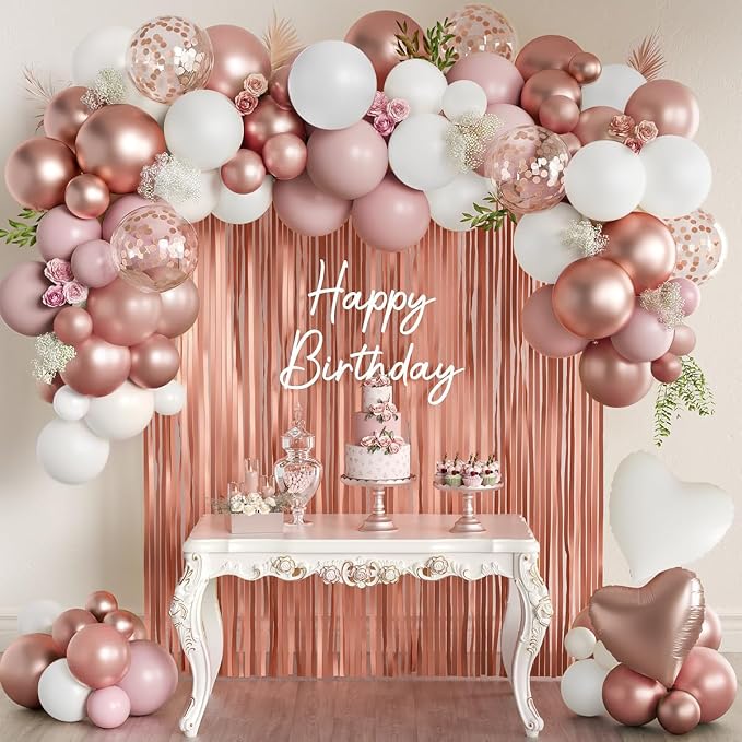 157PCS Rose Gold Dusty Pink and White Balloons with Rose Gold Fringe Curtain for Woman Girl Princess Birthday Bridal Shower Engagement Wedding Baby Shower Valentine’s Day Decorations