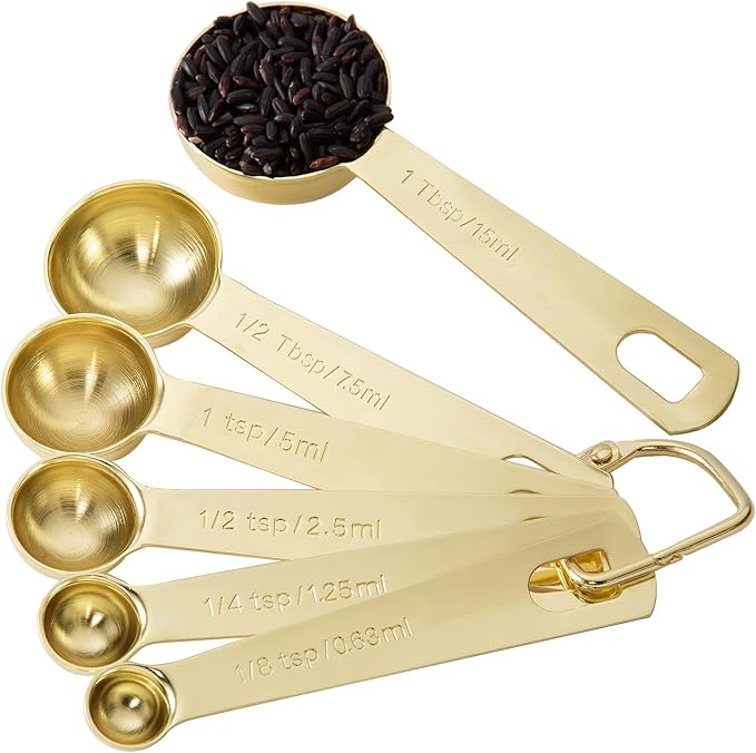 Gold Measuring Spoons, Heavy Duty 18/8 Stainless Steel Measuring Set of 6 Piece: 1/8 tsp, 1/4 tsp, 1/2 tsp, 1 tsp, 1/2 tbsp & 1 tbsp Measuring Liquid and Dry Ingredients for Cooking Baking Gift Set