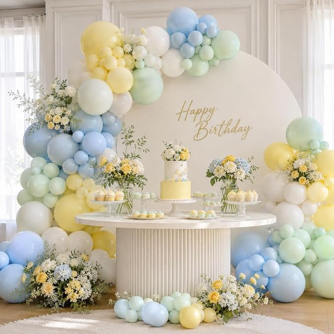 Pastel Green Blue Yellow Balloon Arch Kit, Green Blue Yellow Balloons garland Arch Kit, Ivory White Balloons For Bear Theme Birthday Baby Shower Honey Party Wedding Anniversary Engagement Decorations
