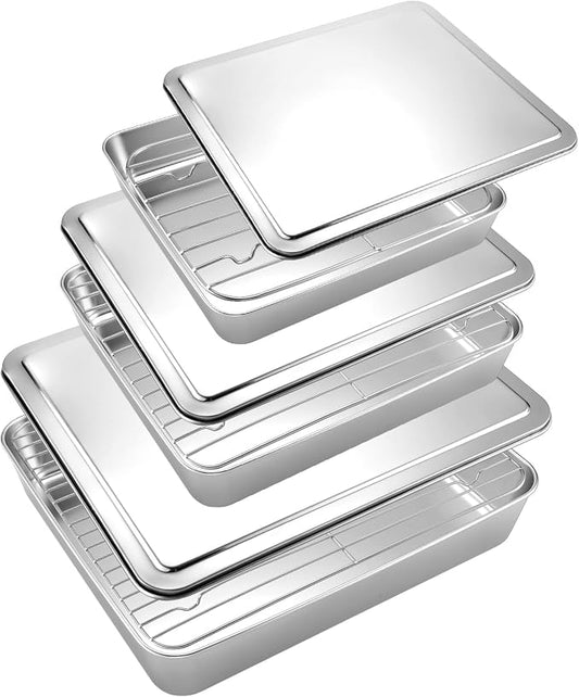 Funnymoom 3 Pcs Baking Stainless Steel Pans with Lids and Cooling Racks 13/10.5/9.5 Inch Roasting Rectangle Sheet Full Size 2.3" Thick Heavy-duty for Cakes Bread Vegetables Dishwasher Safe