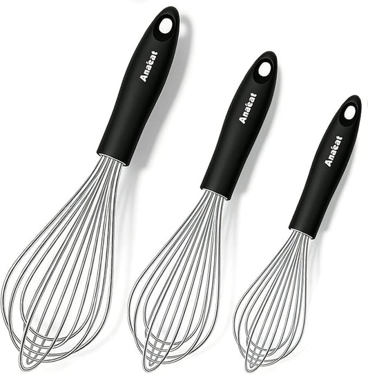 3 Packs Stainless Steel Whisk Set - Balloon Whisk, Anaeat Thick Stainless Steel Wire ＆ Strong Handles, Egg Beater for Cooking, Blending, Whisking, Beating and Stirring (9"+11"+12")