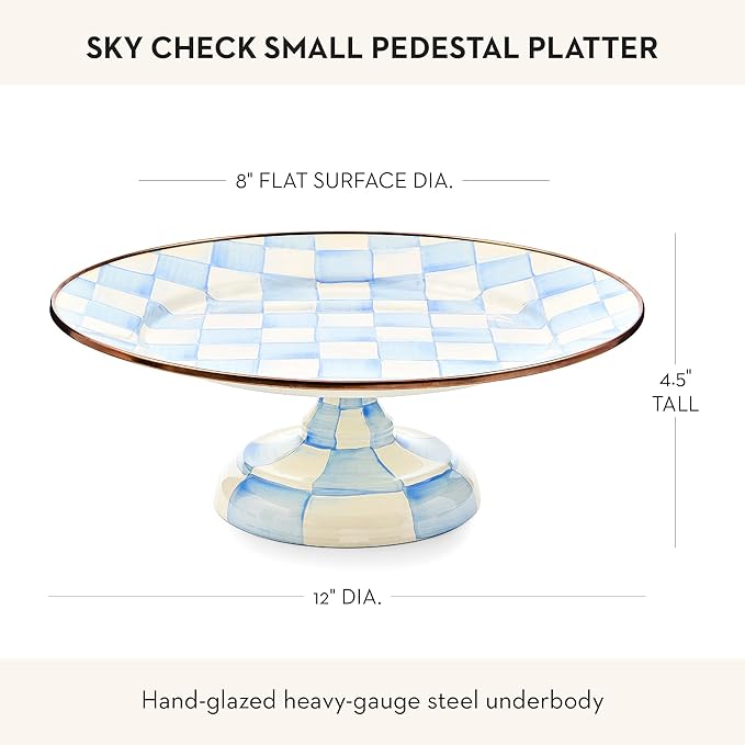 MACKENZIE-CHILDS Enamel Pedestal Platter, Round Cake Stand, Small, 12 Inches, Light-Blue-and-White Sky Check