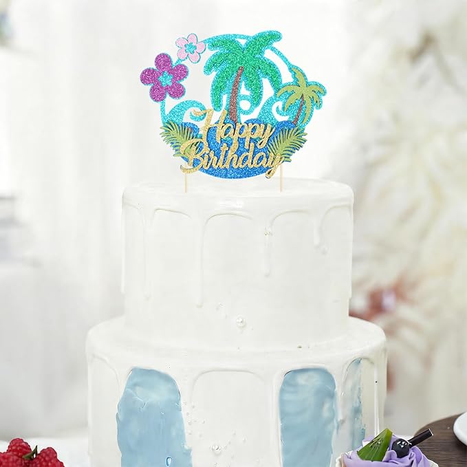 Wootkey Glitter Hawaii Happy Birthday Cake Topper Palm Tree Summer Flower Ocean Hawaiian Cake Decorations Luau Theme Party Supplies