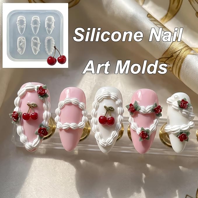 3D Nail Art Silicone Mold, Kawaii Whipped Cream Piping Icing Decoden Mold for Nails, 6 Cavities Cake Frosting Ribbon Resin Acrylic Casting Molds for Women Girls DIY Coquette Manicure Tools