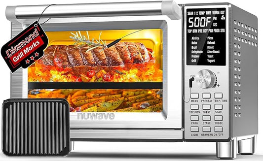 NUWAVE Bravo XL Air Fryer Convection Toaster Oven Countertop, 112-in-1 Smart Grill Combo with Original Flavors & Marks, Adjustable Heating Zones for Pizza, Roast, Bake, 50-500°F, Stainless Steel, 30QT