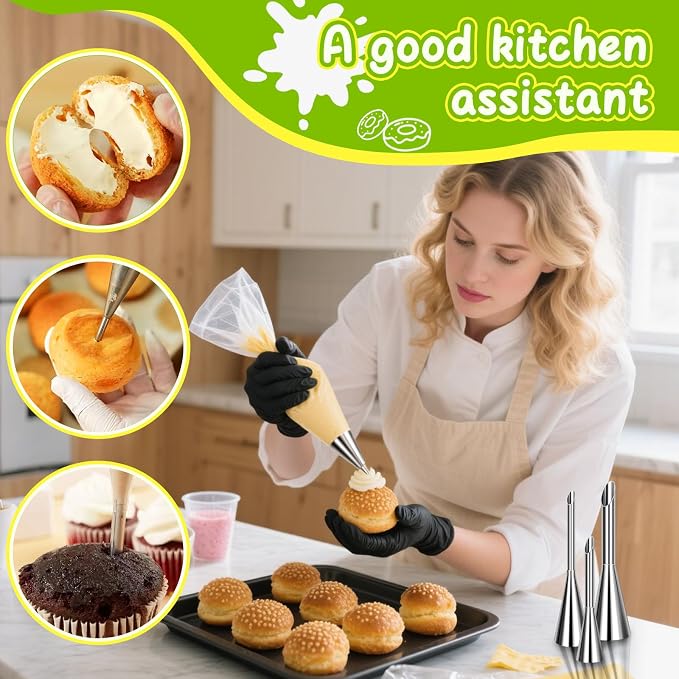 Suuker Stainless Steel Cream Piping Tips, Silver, 3 Pieces | Long Cream Puff Nozzle, Small Pastry Icing, Decorating Tools