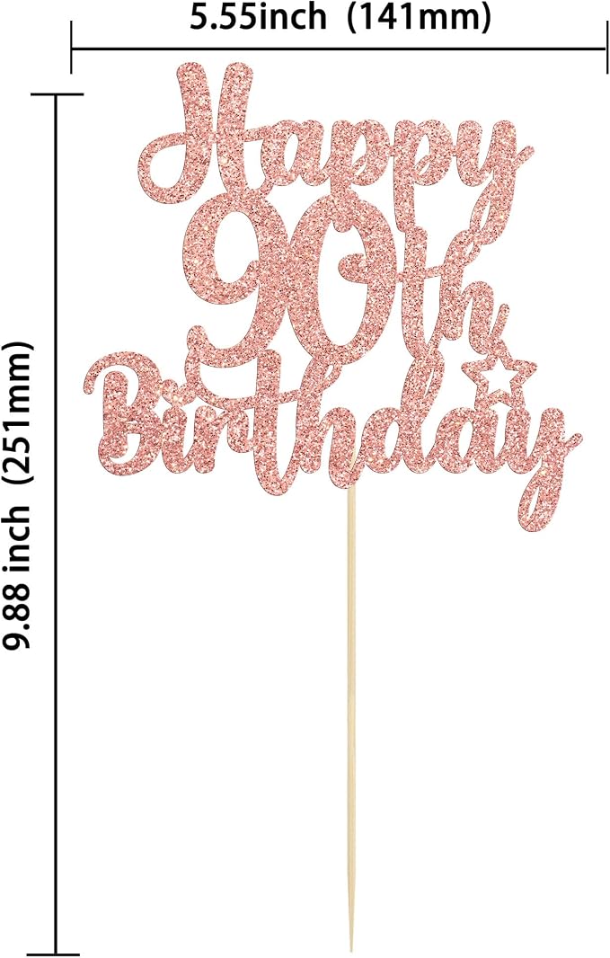 Gyufise 1Pc Happy 90th Birthday Cake Topper Glitter 90 & Fabulous Cheers to 90 Years Old Birthday Cake Pick for Celebrating 90th Birthday Anniversary Party Cake Decorations Supplies Rose Gold