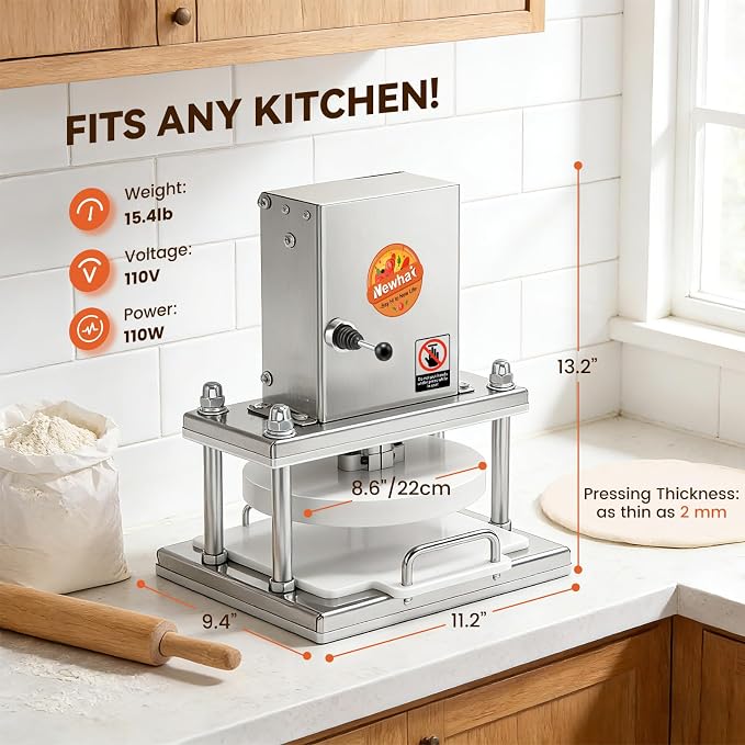 Newhai 8.6” Electric Pizza Dough Press Machine Commercial Dough Roller Sheeter Stainless Steel Pastry Bread Press Forming Processor for Bakery Home Restaurant Use