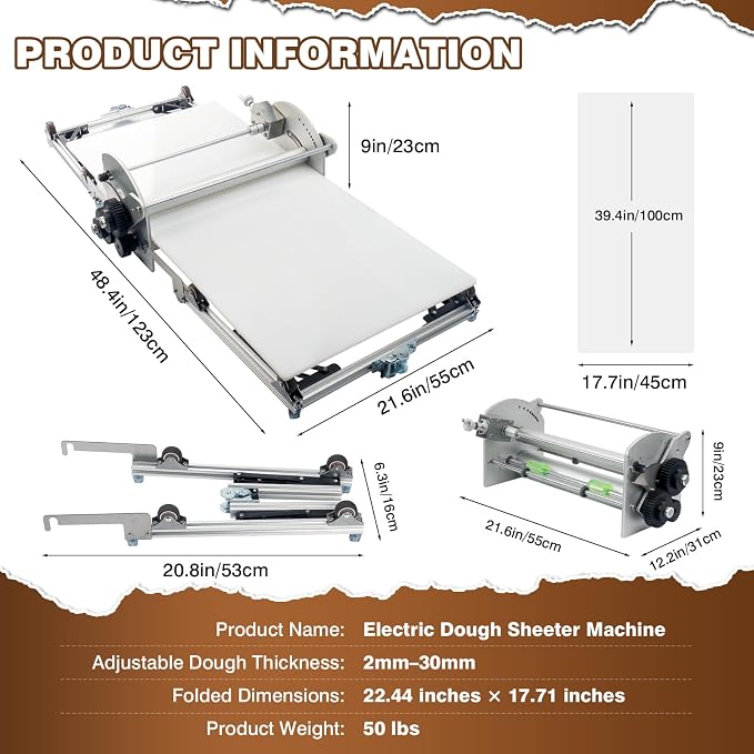 Electric Folding Dough Sheeter Machine, 10 Adjustable Thickness 2-30mm, Stainless Steel Dough Roller for Home Pastry Making& Commercial Bakeries