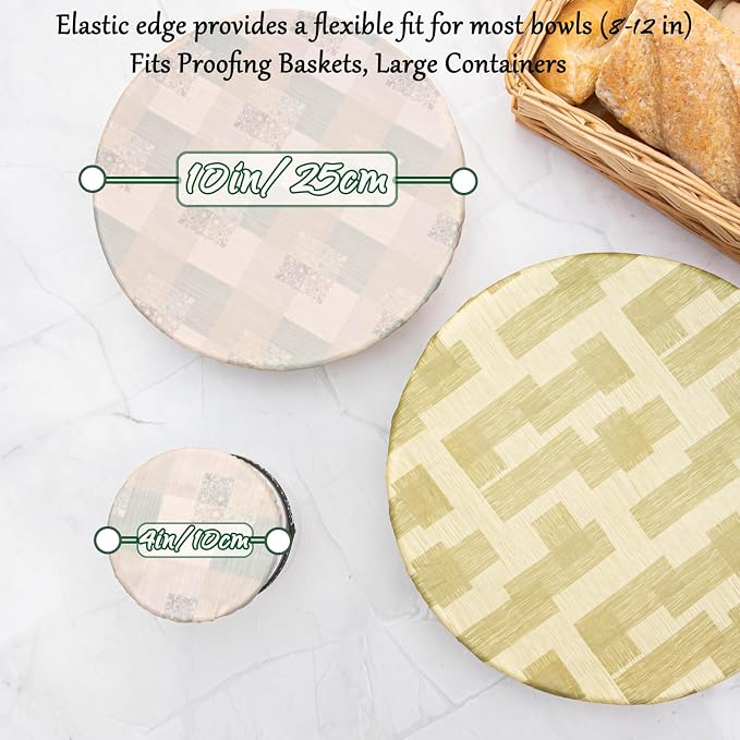 3Pack 10IN Beeswax Bowl Covers with a 4IN Sourdough Jar lid,Reusable Bowl Covers for Bread Proofing,100% Organic Cotton,Elastic Shower Caps for Sourdough Bread,Dough Proofing & Food Storage