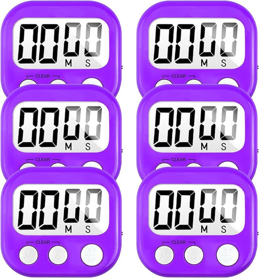 6 Pack Digital Kitchen Timer for Cooking Big Digits Loud Alarm Magnetic Backing Stand Cooking Timers for Baking Purple