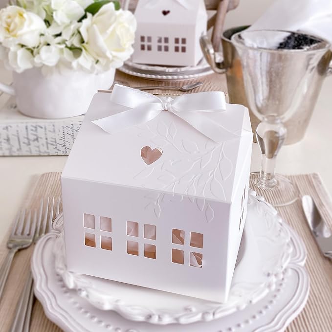 20 Pcs Classic House Shaped Gift Boxes with Neutral Ribbons for Treats, Desserts, Fancy Cookie, White Gable Bakery Packaging