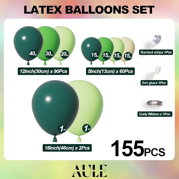 AULE Green Balloon Arch Kit 155Pcs Lime Emerald Dark Green Macaroon Yellow Balloons Garland for Birthday Wedding Graduation Jungle Forest Baby Shower Anniversary Theme Party Decoration