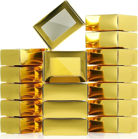 Zonon 30 Pcs Soap Boxes for Homemade Packaging, Mini Kraft Boxes with Window for Bakery Candy Soap Making Gift Packaging, 3.7x2.6x1.4 Inch (Gold)