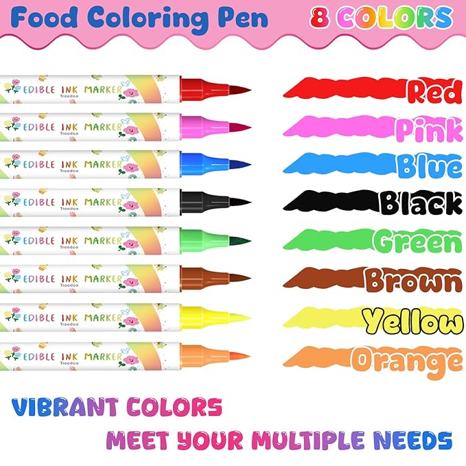 Edible Markers, 8pcs Food Coloring Pens Soft Brush Tip Food Markers, Food Grade Gourmet Writer, Edible Pens for Cookie Decorating, Cakes, Desserts, Frosting, Fondant, Easter Eggs
