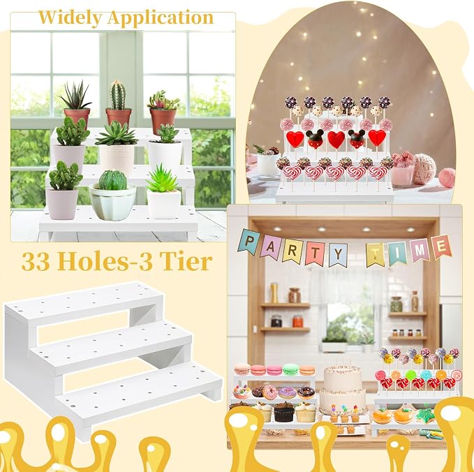 2Pcs Wood Cake Pop Display Stand, White Lollipop Holder 3 Tier with Twist Ties Lollipop Sticks, 33 Holes Sucker Storage Rack for Dessert Table of Wedding Birthday Party Christmas Day (B)